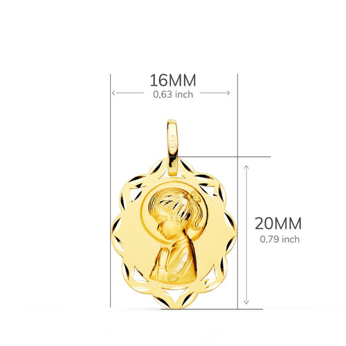 18K Yellow Gold Medal Leaves Virgin Girl Profile Matted and Carved 20x16 mm