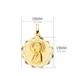 18K Yellow Gold Medal Tambourine Virgin Girl Tinted and Openwork Profile 19 mm