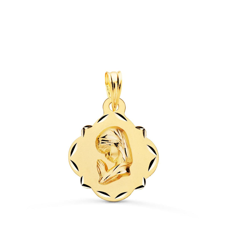 18K Medalla Oro Amarillo Virgen Niña Perfil Pandereta Tallada 19X16 Mm