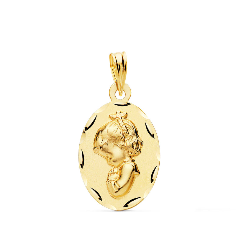 18K Medalla Oro Amarillo Virgen Niña Rezando Oval 22x14 mm