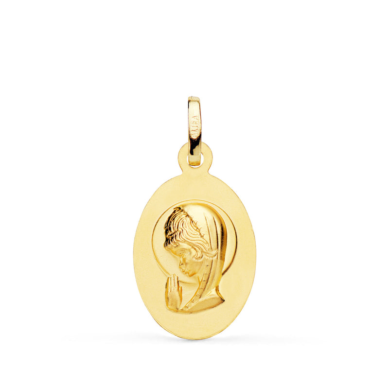 18K Medalla Oro Amarillo Virgen Niña Oval Matizada 19 x 12 mm