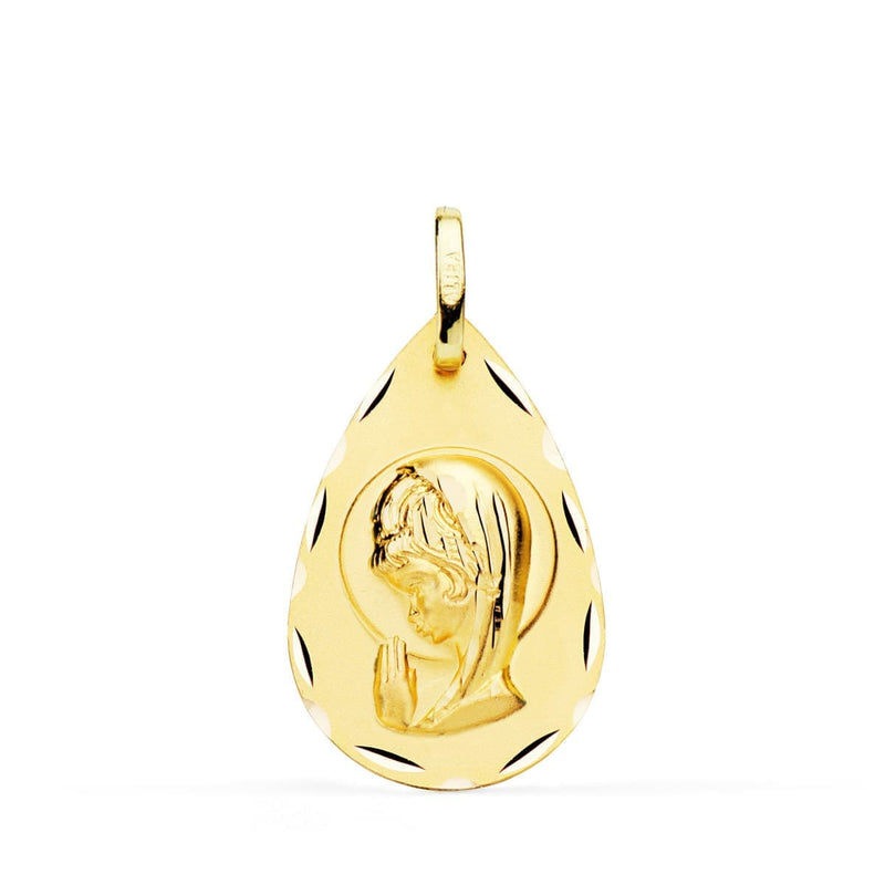 18K Medalla Oro Amarillo Virgen Niña Lagrima Tallada 19x11 mm