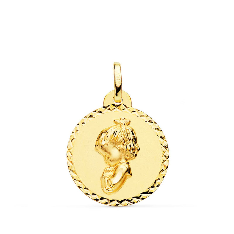 Médaille Or Jaune 18 Carats Vierge Fille Priant Croix Taille 20 mm