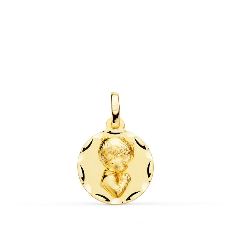 Médaille Enfant en prière en or jaune 9 carats sculptée 14 mm