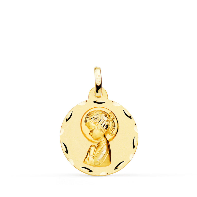 18K Yellow Gold Medal Virgin Girl Profile Shaded and Carved 18 mm