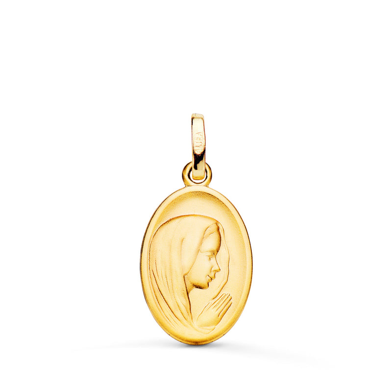 18K Yellow Gold Medal Virgin Girl Profile Nuanced and Carved 16x12 mm