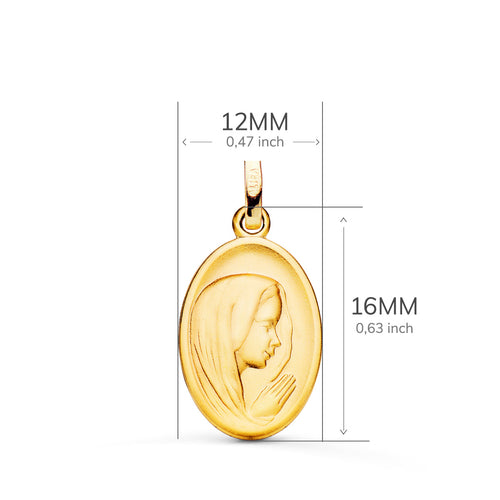 18K Medalla Oro Amarillo Virgen Niña Perfil Matizada Y Tallada 16x12 mm