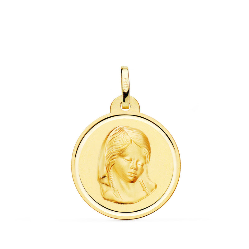 18K Medalla Oro Amarillo Virgen Niña Bisel 20 Mm