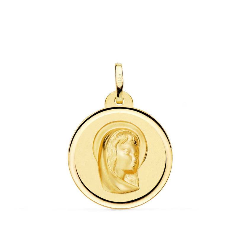 18K Medalla Oro Amarillo Virgen Niña Bisel 16 mm