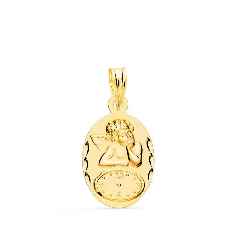 18K Oval Angelito Burlon Medal With Carved Clock 19x12 mm