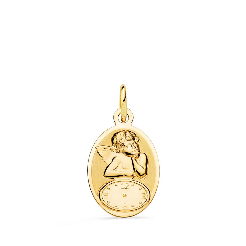 18K Oval Angelito Burlon Medal With Glossy And Matte Clock 19x12 mm