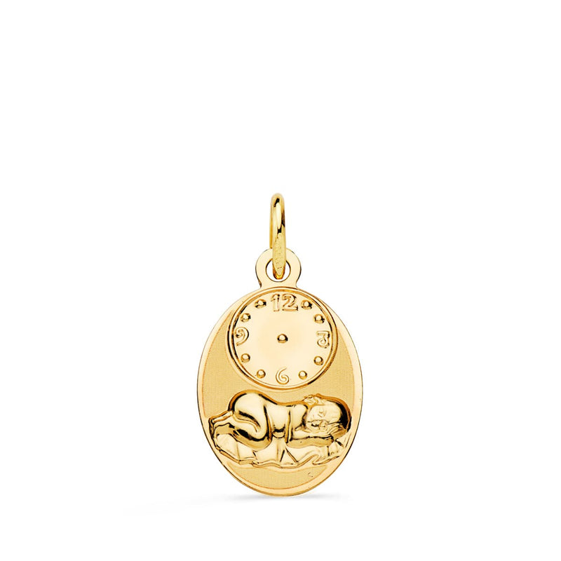 18K Oval Child of the Hour Medal with Glossy and Matte Clock 19x12 mm