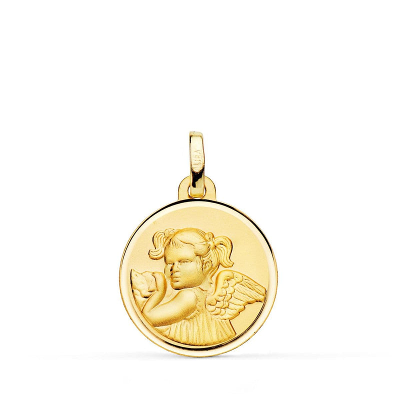 18K Medalla Oro Amarillo Angel Niña Revoltosa Bisel 18 mm