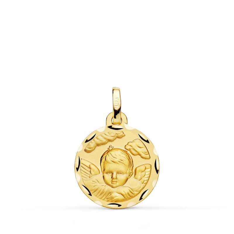 18K Yellow Gold Angel Child Medal in the Cloud Carved 16 mm