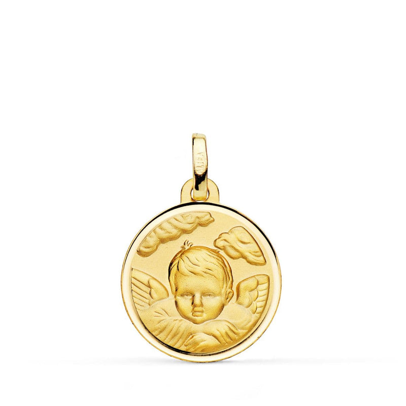 Médaille En Or Jaune 18 Carats Enfant Ange Dans Le Nuage Lunette 18 mm