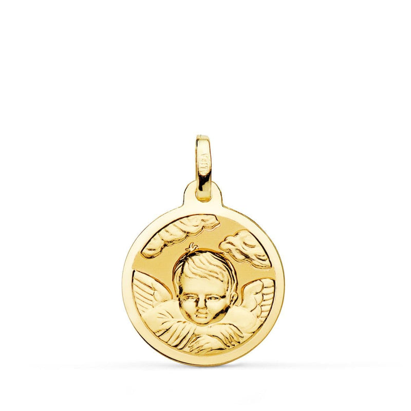 Médaille Or Jaune 18 Carats Enfant Ange dans le Nuage Brillant 18 mm
