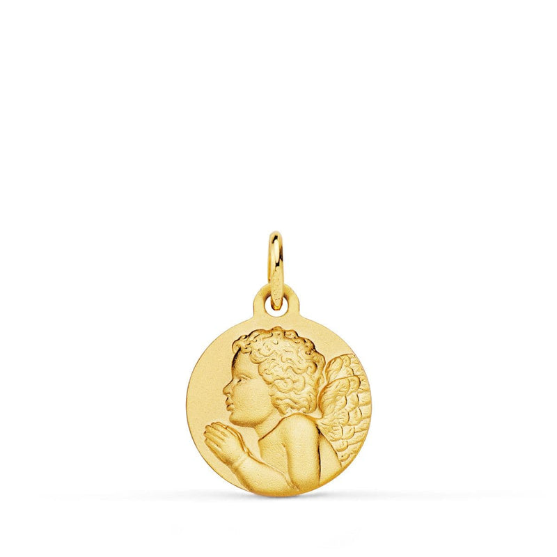 18K Yellow Gold Medal Angel Pious Praying Child Nuanced. 14mm