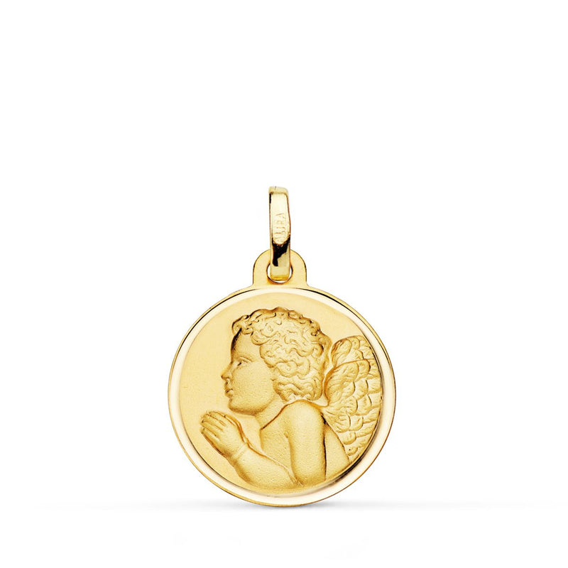 Médaille En Or Jaune 18 Carats Priant Enfant Pieux Ange Lunette 18 mm