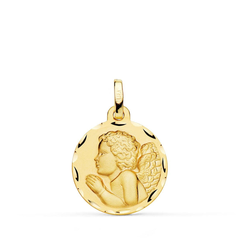 Médaille d'ange enfant pieux en prière 18 carats sculptée 18 mm