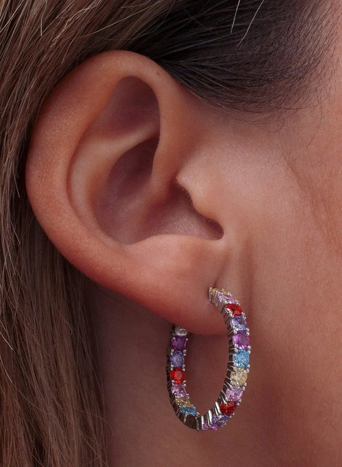 Pendientes Aro Plata con Piedras Multicolores