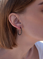 Silver Hoop Earrings with Black Zirconia Design 25 mm