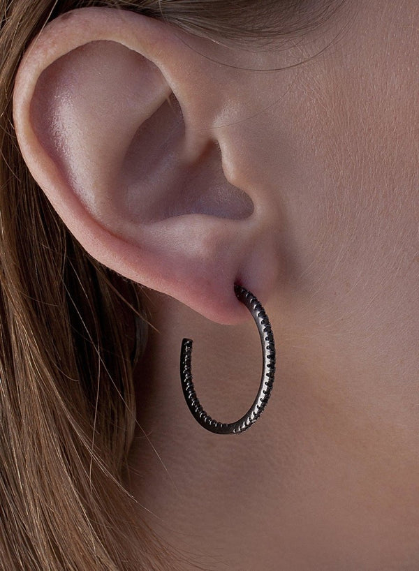 Silver Hoop Earrings with Black Zirconia Design 25 mm