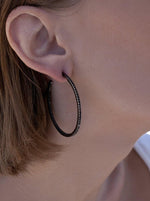 Large Silver Hoop Earrings with Thick Black Zirconia Setting 45 mm