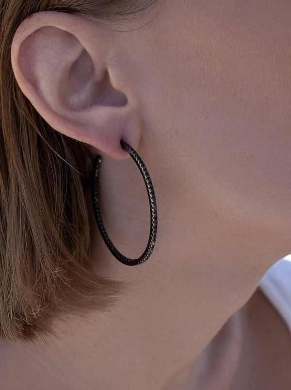 Large Silver Hoop Earrings with Thick Black Zirconia Setting 45 mm