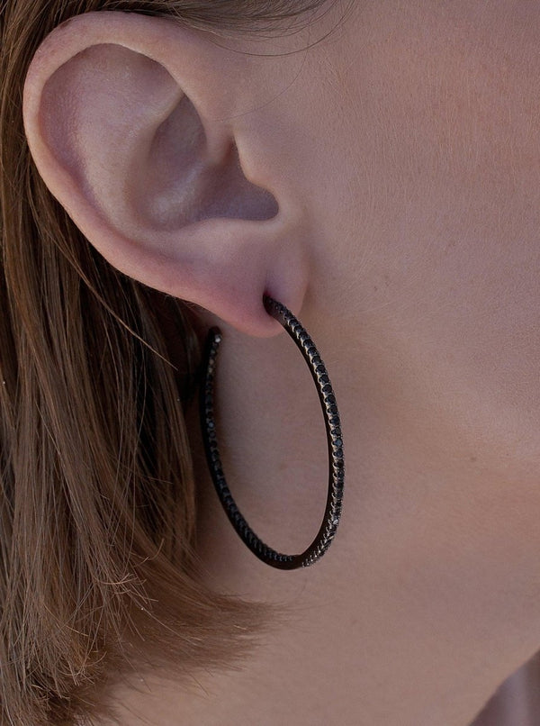 Large Silver Hoop Earrings with Thick Black Zirconia Setting 45 mm