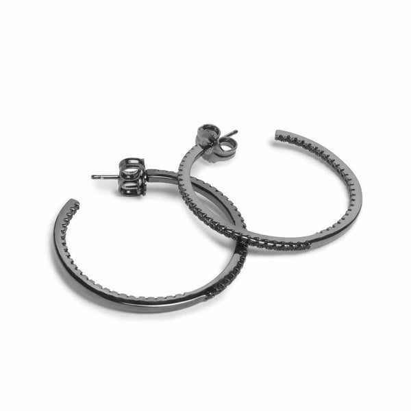 Large Silver Hoop Earrings with Thick Black Zirconia Setting 45 mm