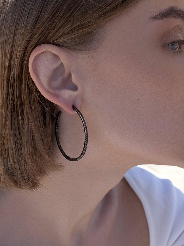 Large Silver Hoop Earrings with Thick Black Zirconia Setting 45 mm