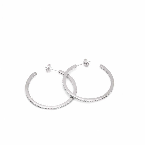 Large Silver Hoop Earrings with Thick Zirconia Setting 34 mm