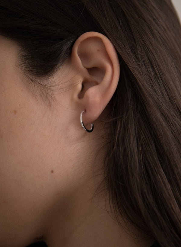 Silver Mini Hoop Earrings with White Zirconia Setting 15 mm