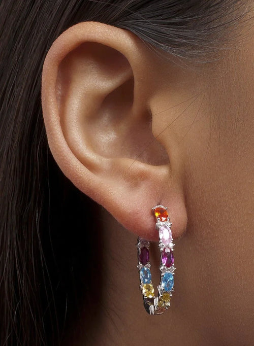 Pendientes Aro en Plata con Piedras Diseño Grande Multicolor