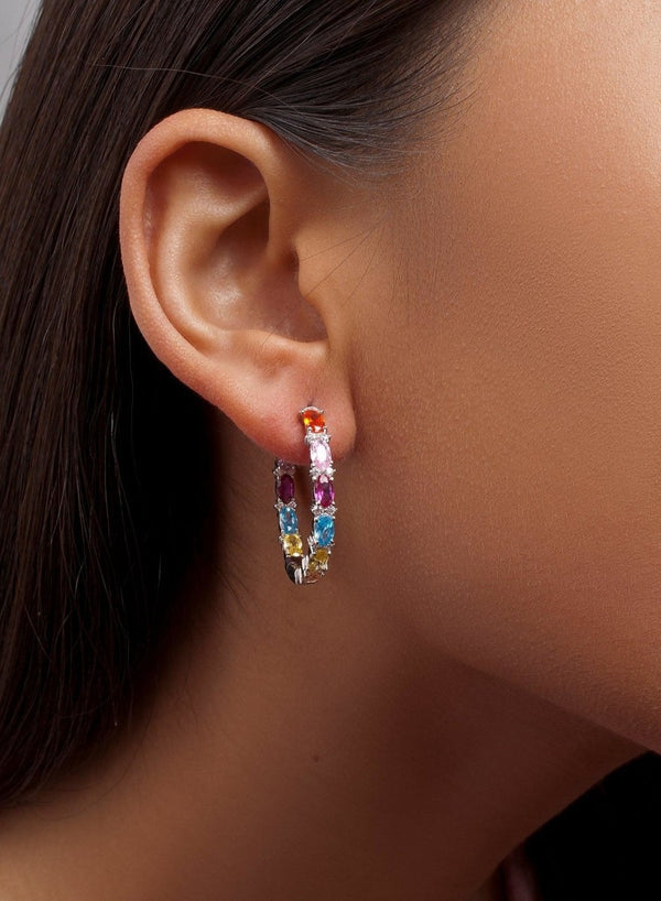 Silver Hoop Earrings with Large Multicolor Stones Design