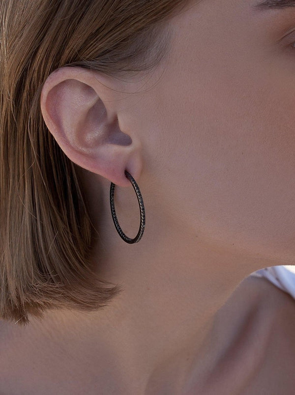 Large Silver Square Hoop Earrings with Black Zirconia Contour 34 mm