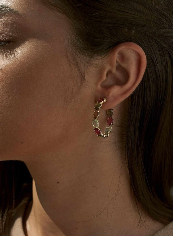 Hoop Earrings with Silver Stones with Gold Plated Adamantine Quartz