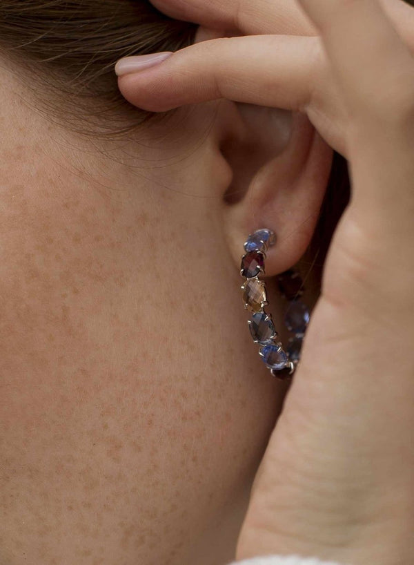 Hoop Earrings with Silver Stones Adamantine Quartz in Blue Tones