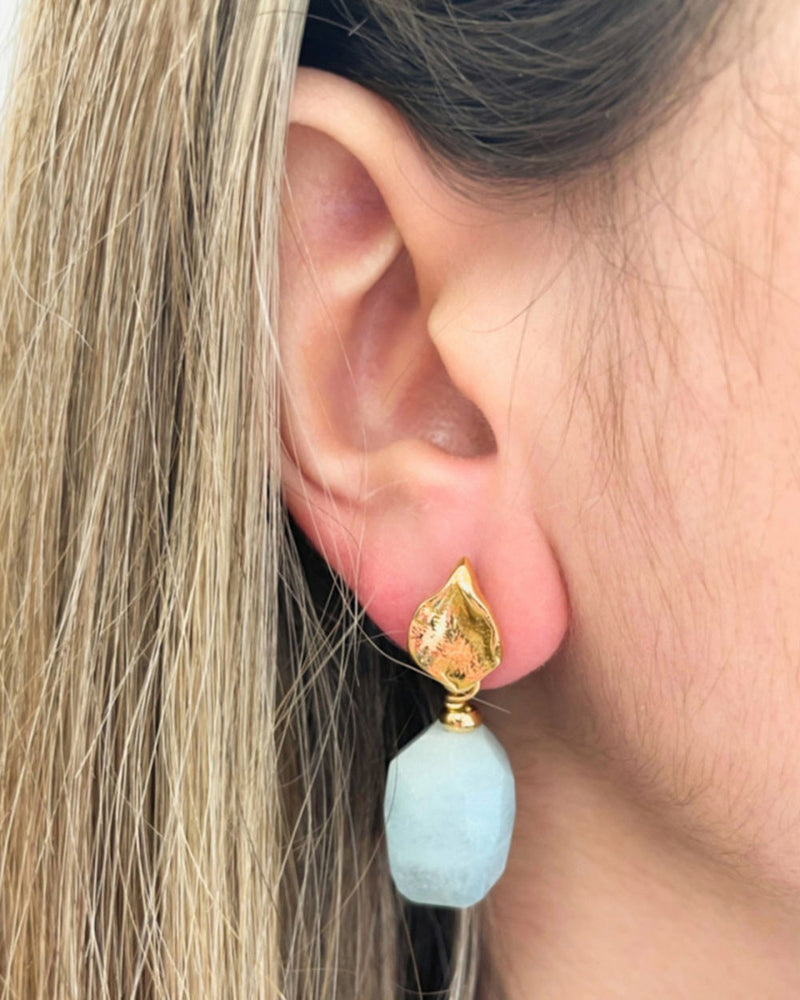 24k Gold Plated Aquamarine Leaf Earrings 