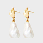 Large Baroque Pearl Leaf Earrings 24k Gold Plated 