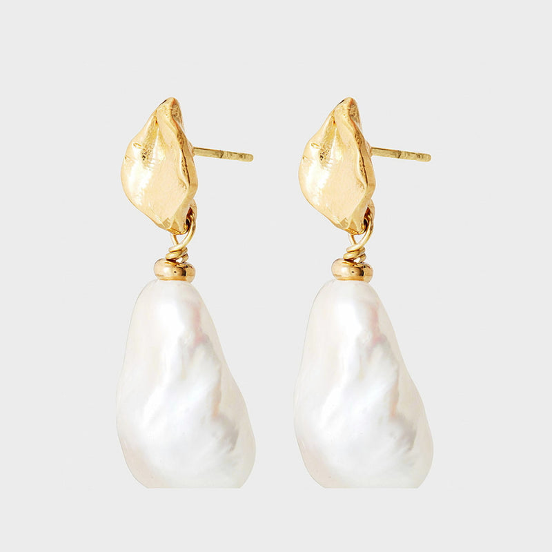 Large Baroque Pearl Leaf Earrings 24k Gold Plated 