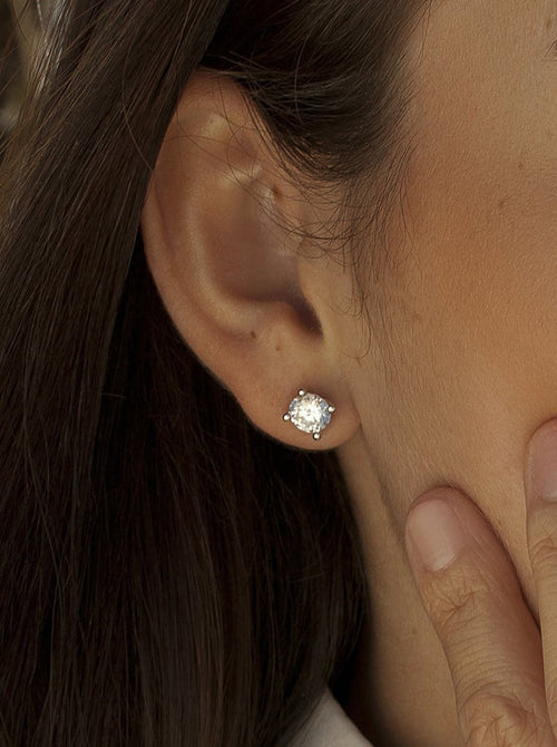 Silver Button Earrings with Staple Design and 8 mm Zirconia