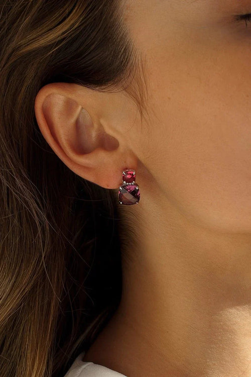 Pendientes Plata con Piedras Diseño Doble en Fucsia