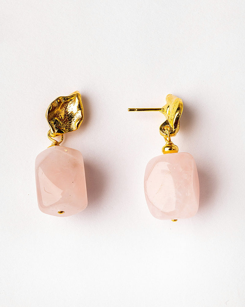 24k Gold Plated Rose Quartz Leaf Earrings 