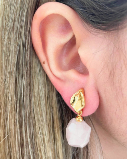 Pendientes Hoja Cuarzo Rosa bañados en Oro 24k