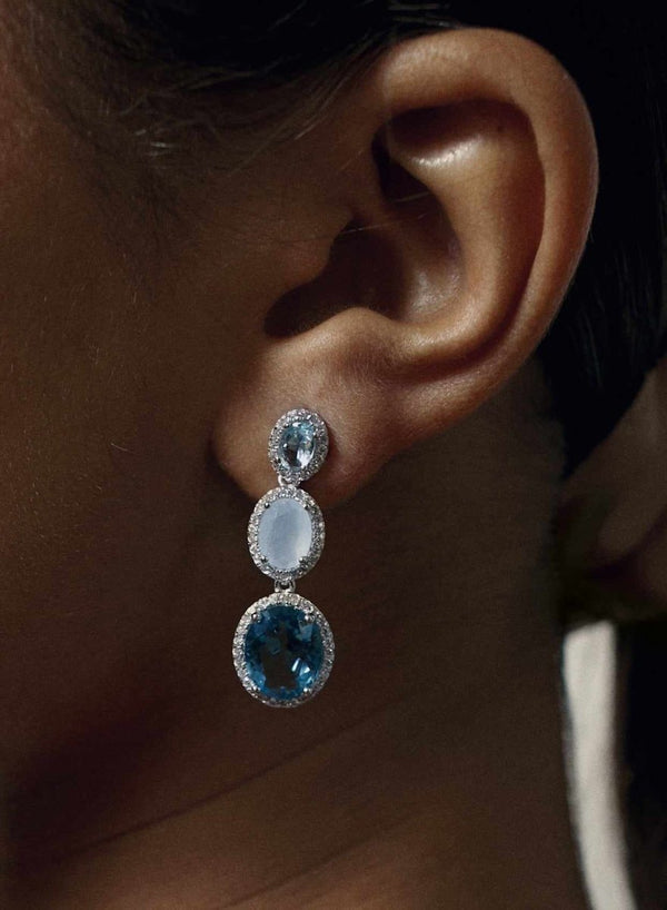 Long Earrings with Colored Stones in Silver Crescent Design