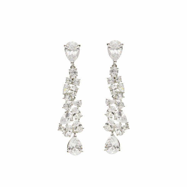 Elegant Long Sparkling Silver Bridal Cascading Earrings