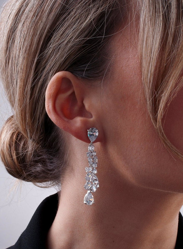 Elegant Long Sparkling Silver Bridal Cascading Earrings