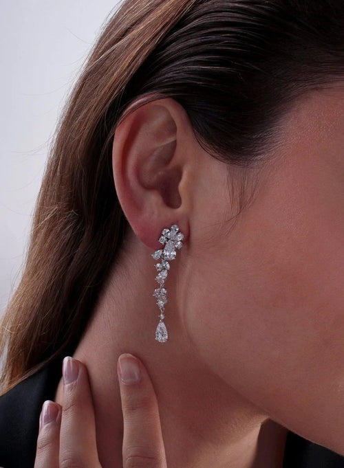 Long Silver Bridal Earrings with Sparkling Mobiles and Cascade