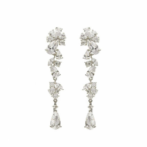 Long Silver Bridal Earrings with Sparkling Mobiles and Cascade